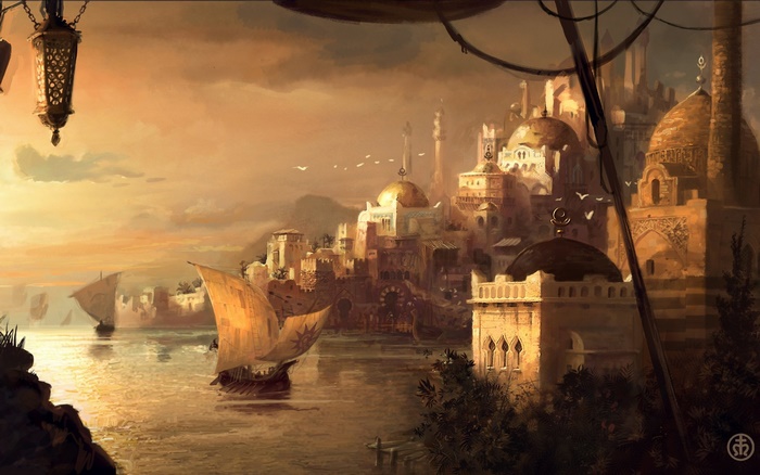 Fantasy City with Boats at Sunset