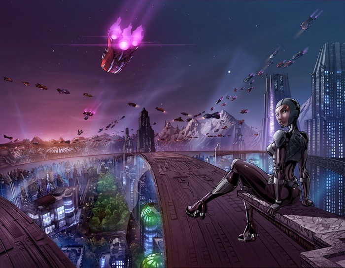 Futuristic Cityscape with Flying Vehicles and Woman in Sci-Fi Armor