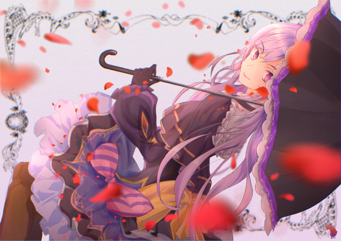 Keqing from Genshin Impact with umbrella and rose petals