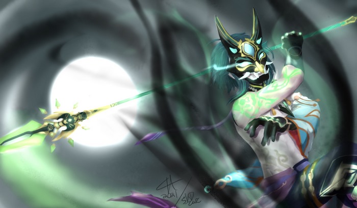 Xiao from Genshin Impact with a spear