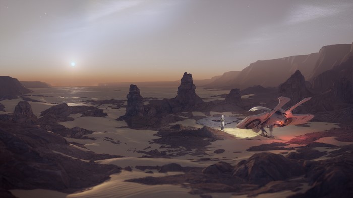 Astronauts and spaceship on a desolate alien planet