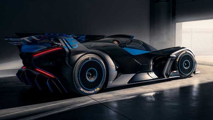 Bugatti Bolide race car in a garage