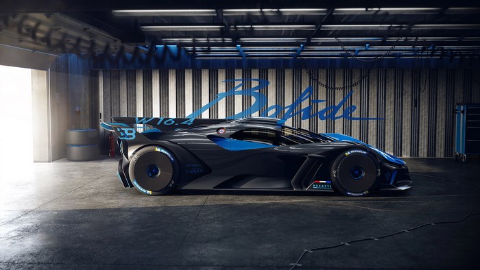 Bugatti Bolide race car in garage