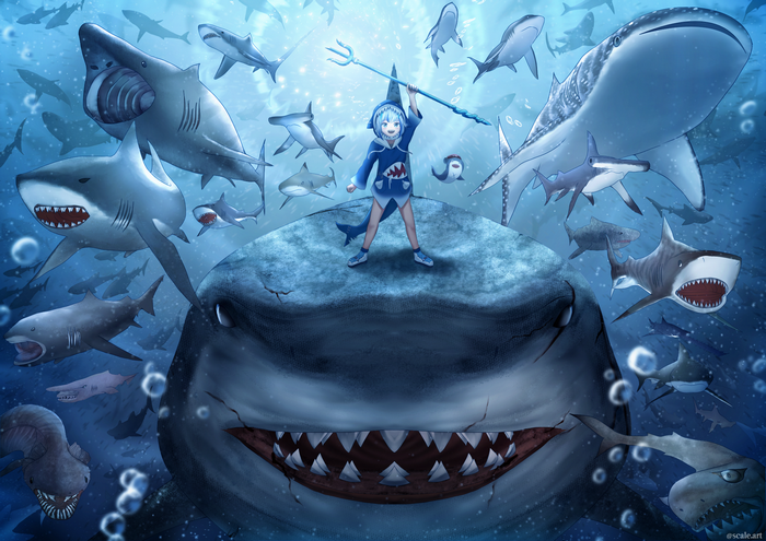 Gawr Gura from Hololive surrounded by sharks