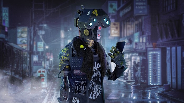 Sci-fi robot with phone in cyberpunk city