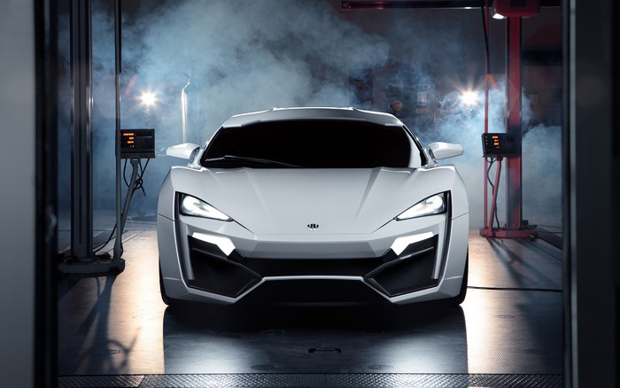 White Lykan Hypersport car in a garage