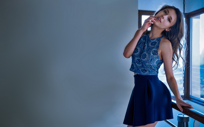 Brunette Woman in Blue Skirt and Top 4K