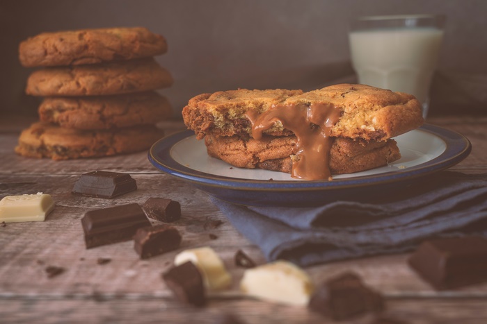 Chocolate chip cookies with melted chocolate and milk