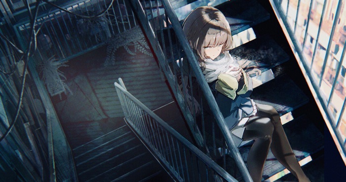 Girl sitting on stairs with plants and building in background