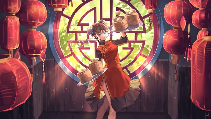 Girl with dumplings and lanterns 4K