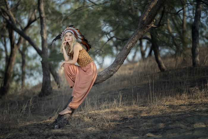 Woman with Headdress Sitting on a Tree Branch
