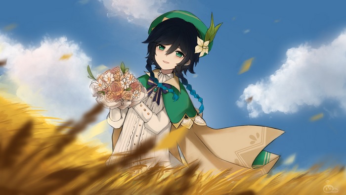 Venti from Genshin Impact holding flowers