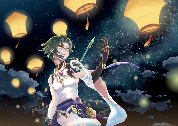 Xiao from Genshin Impact with lanterns