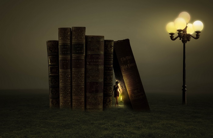 Woman with lantern among giant books and street lamp