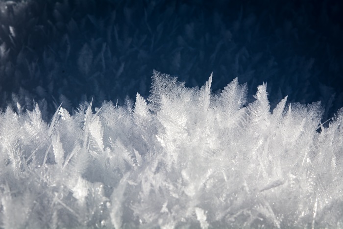 Close-up of frost crystals on a dark background