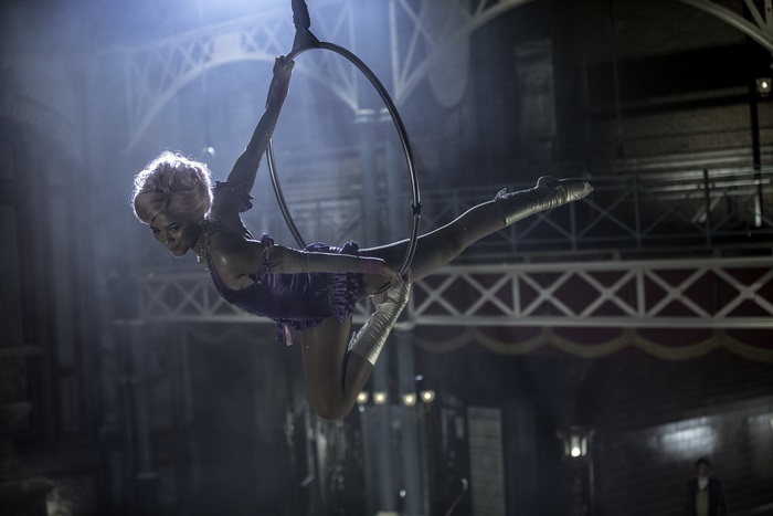 Anne Wheeler from The Greatest Showman performing aerial hoop