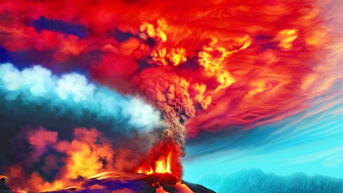 Volcanic eruption with lava and smoke