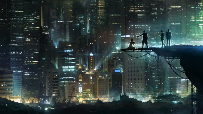 People on a platform overlooking a futuristic city at night