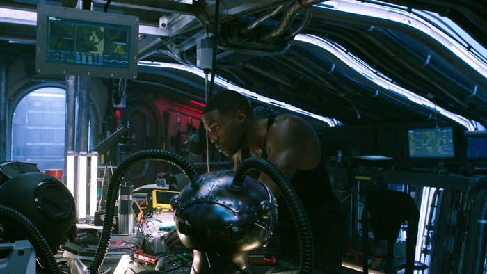 Black Manta from Aquaman in a futuristic lab