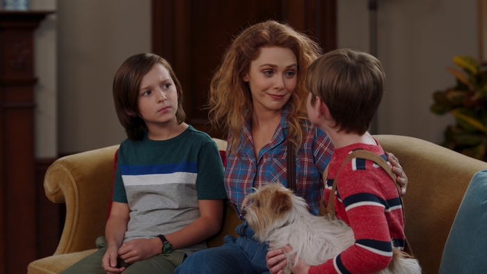 Wanda Maximoff with two boys and a dog