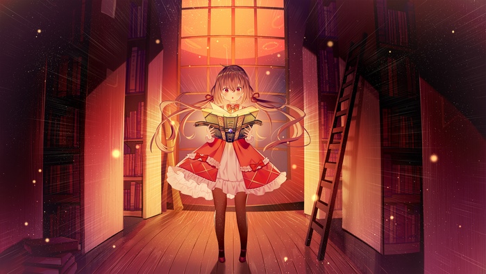 Girl with long brown hair reading a book in a library
