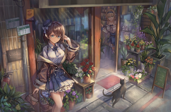 Anime girl with brown hair and cat outside flower shop