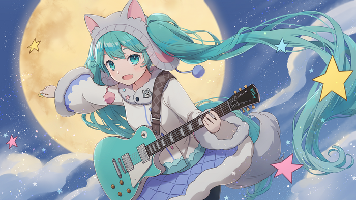Hatsune Miku playing guitar under the moon