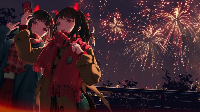Two girls taking a selfie with fireworks