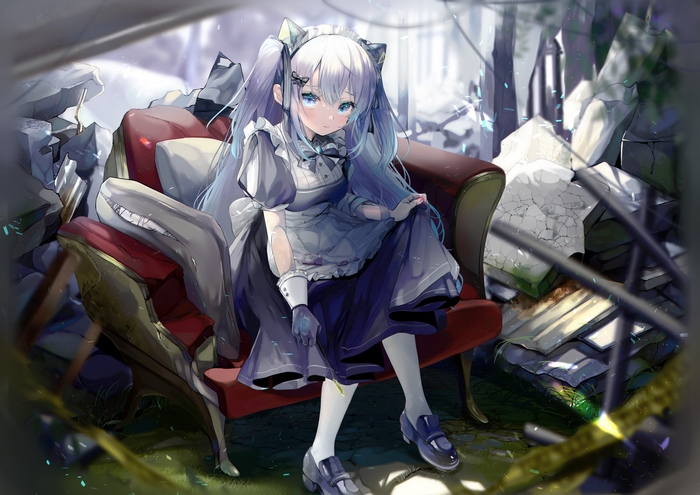 Maid with Aqua Eyes and White Hair in Ruins