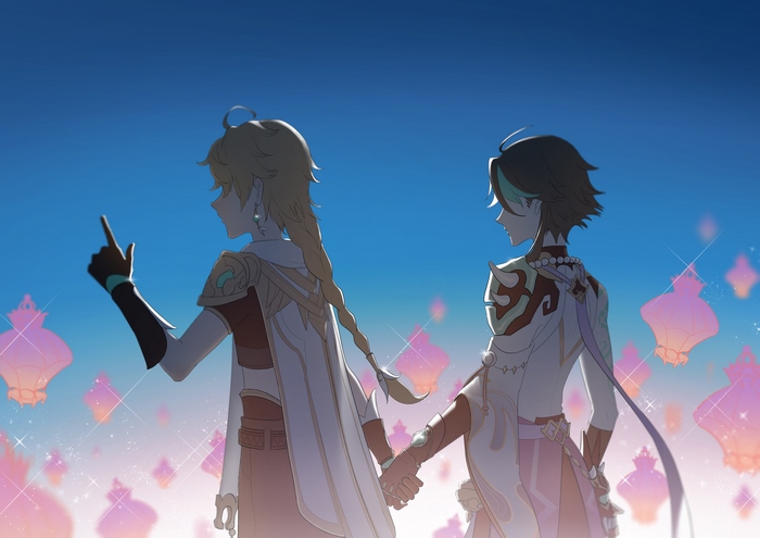 Aether and Xiao from Genshin Impact holding hands
