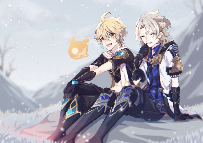 Albedo and Aether in Snowy Landscape Genshin Impact