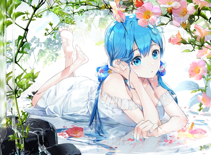 Girl with Aqua Hair and Eyes in White Dress