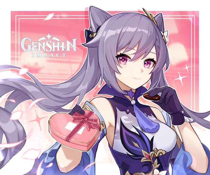 Keqing from Genshin Impact holding a heart-shaped chocolate box