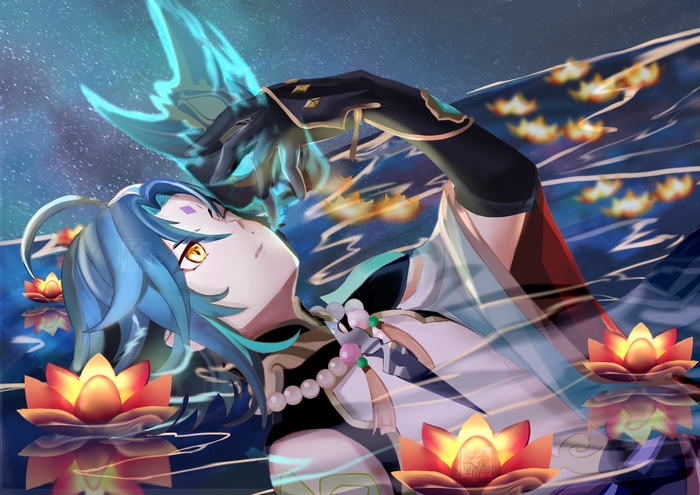 Xiao from Genshin Impact in water with lotuses