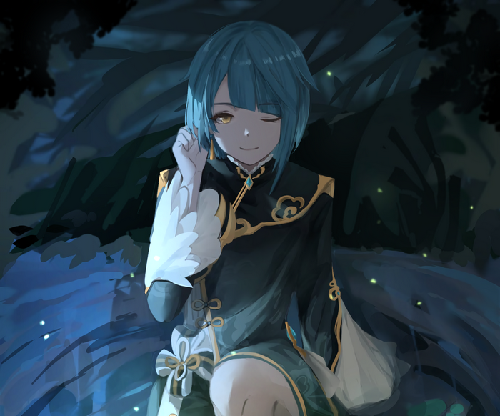Xingqiu from Genshin Impact in a dark forest