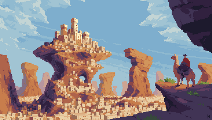 Pixel Art Desert City with Llama Rider