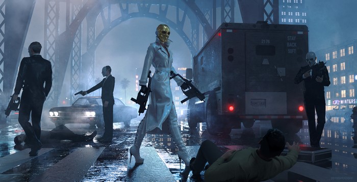 Woman with Golden Mask and armed men in a city at night