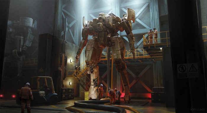 Mech Maintenance in a Hangar