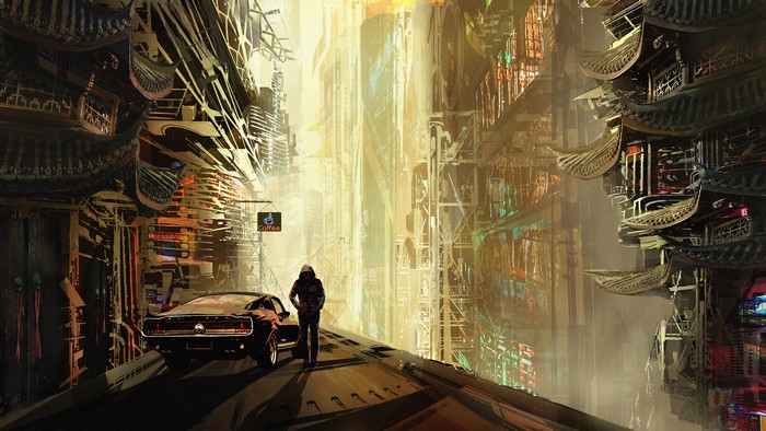 Cyberpunk city with a person and a car