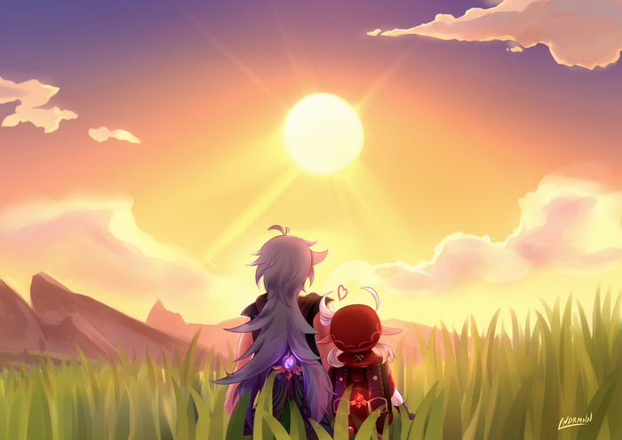 Klee and Razor from Genshin Impact watching the sunset
