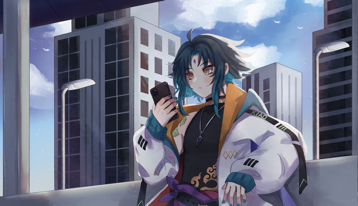 Xiao from Genshin Impact holding a phone