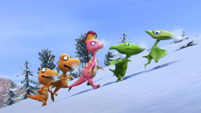 Dinosaur Train characters in the snow