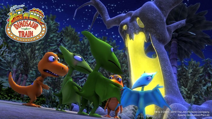 Dinosaur Train characters in a nighttime forest