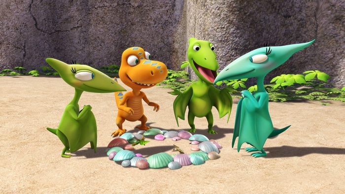 Four dinosaurs around a circle of shells