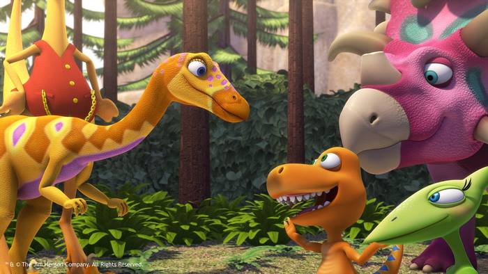 Dinosaurs from Dinosaur Train in a forest