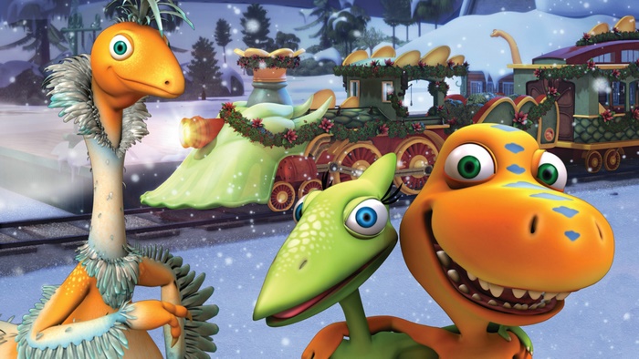 Dinosaur Train characters with a Christmas train