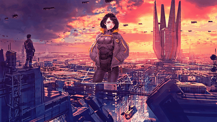 Alita from Alita: Battle Angel in a futuristic city