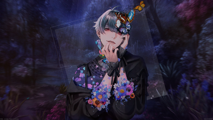 Anime boy with butterflies and flowers 4K