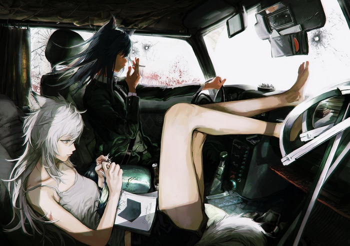Texas and Lappland from Arknights in a car