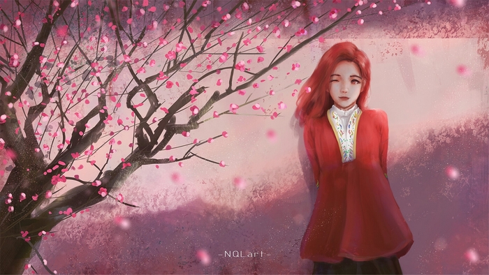 Girl in red dress under sakura tree